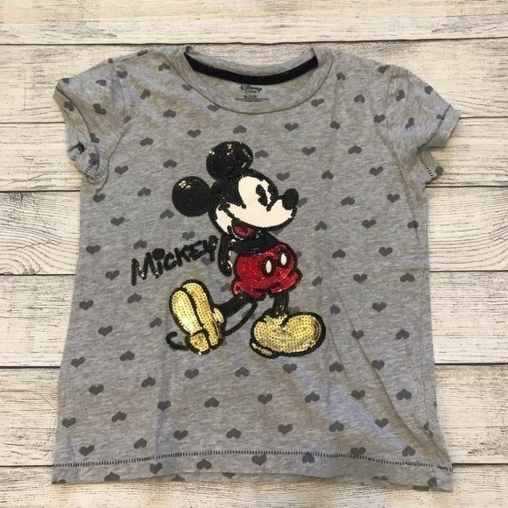 Mickey Mouse Disney Sequin Heart Gray Short Sleeve T-Shirt 7/8 Disney Store